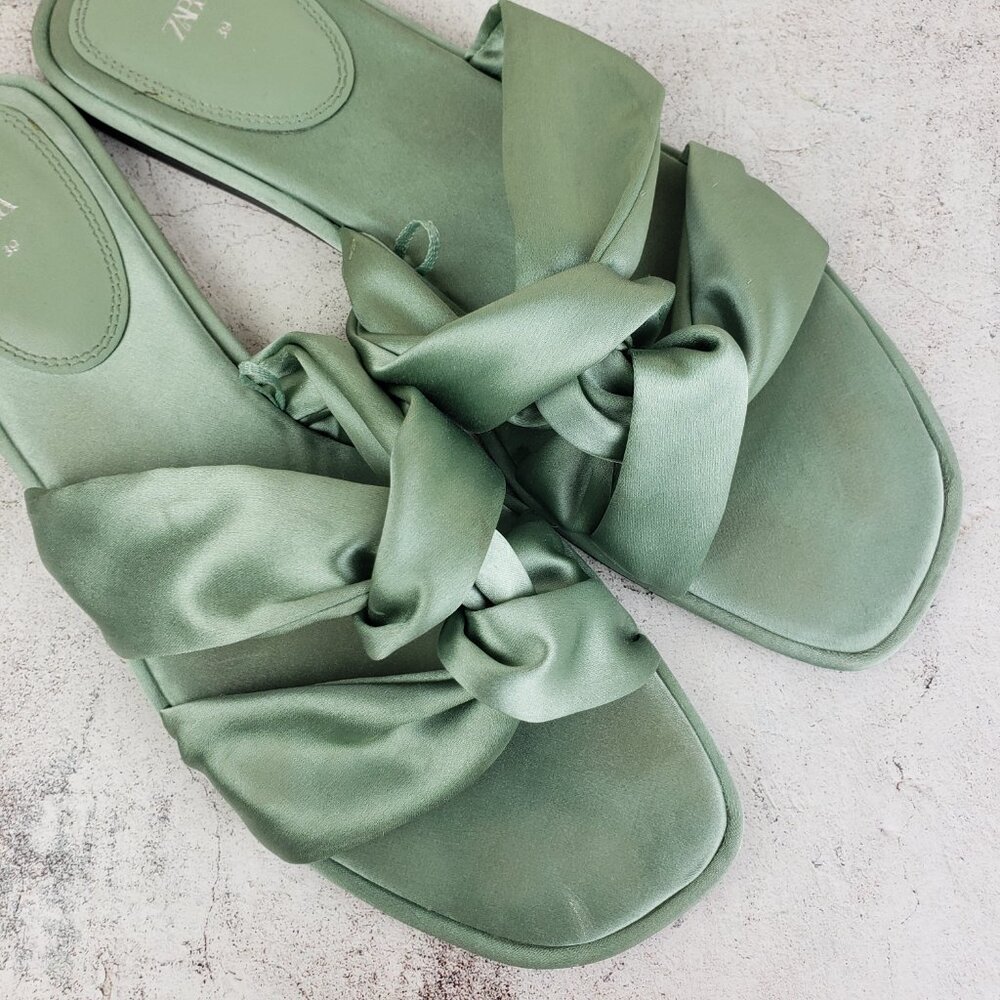 ZARA Knotted Flat Sandals Satin Flip Flops Green Bow Slippers size 39 US 8.5 - Picture 12 of 12
